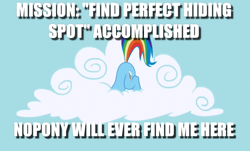 Size: 804x486 | Tagged: safe, imported from derpibooru, screencap, rainbow dash, ostrich, griffon the brush off, hide and seek, hiding, image macro, meme