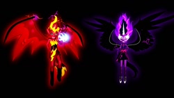 Size: 1024x576 | Tagged: safe, artist:darkmaster434, imported from derpibooru, sunset shimmer, twilight sparkle, equestria girls, 3d, black background, equestria's monster girls, female, midnight sparkle, midnightsatan, powerful, simple background, sunset satan