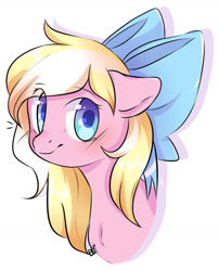 Size: 1009x1249 | Tagged: safe, artist:pledik808, artist:pledus, imported from derpibooru, oc, oc only, oc:bay breeze, pegasus, pony, blushing, bow, bust, cute, female, hair bow, looking at you, mare, portrait, simple background, solo