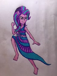 Size: 2448x3264 | Tagged: safe, artist:bozzerkazooers, imported from derpibooru, starlight glimmer, equestria girls, barefoot, clothes, dress, eqg giants, feet, female, smiling, smirk, solo, traditional art