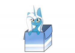 Size: 1414x1000 | Tagged: safe, artist:rainbow-fire360, imported from derpibooru, oc, oc only, oc:fleurbelle, alicorn, pony, adorabelle, alicorn oc, box, chibi, commission, cute, hide and seek, pony in a box, smiling