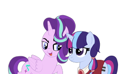 Size: 3036x1773 | Tagged: safe, artist:galaxy-mane, imported from derpibooru, starlight glimmer, oc, oc:aurora light, alicorn, unicorn, alicornified, equal cutie mark, female, looking at each other, magical lesbian spawn, mother and daughter, offspring, parent:starlight glimmer, parent:twilight sparkle, parents:twistarlight, race swap, simple background, smiling, transparent background