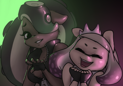 Size: 1817x1280 | Tagged: safe, artist:katputze, imported from derpibooru, anthro, cloud, crossover, female, marina (splatoon 2), nintendo, off the hook, pearl (splatoon 2), ponified, splatoon