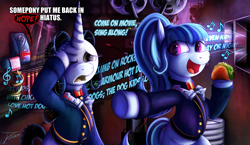 Size: 1250x725 | Tagged: safe, artist:jamescorck, imported from derpibooru, sonata dusk, oc, oc:movie slate, pony, unicorn, clothes, cute, demolition man, equestria girls ponified, female, film projector, food, mare, ponified, sonatabetes, sonataco, taco