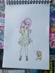 Size: 966x1288 | Tagged: safe, artist:marta4708, imported from derpibooru, fluttershy, dog, equestria girls, backpack, female, photo, solo, traditional art