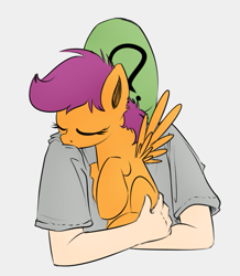 Size: 609x697 | Tagged: safe, artist:xioade, color edit, edit, imported from derpibooru, scootaloo, oc, oc:anon, human, pegasus, pony, blank flank, carrying, colored, cuddling, cute, cutealoo, eyes closed, female, filly, holding a pony, hug, human on pony snuggling, scootalove, simple background, snuggling, spread wings, weapons-grade cute, white background, wings