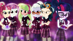 Size: 1600x900 | Tagged: safe, artist:sailortrekkie92, imported from derpibooru, indigo zap, lemon zest, sci-twi, sour sweet, sugarcoat, sunny flare, twilight sparkle, equestria girls, friendship games, shadow six, wallpaper