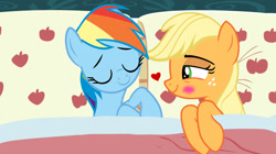 Size: 1280x715 | Tagged: safe, artist:crashie7, edit, edited screencap, imported from derpibooru, screencap, applejack, rainbow dash, earth pony, pegasus, pony, 28 pranks later, appledash, applejack's bed partner, bed, exploitable meme, female, lesbian, mare, meme, pillow, shipping