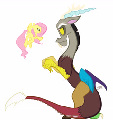 Size: 4506x4821 | Tagged: safe, artist:sharkam0, imported from derpibooru, discord, fluttershy, pegasus, pony, absurd resolution, female, flying, male, mare, pointing, profile, scolding, simple background, sitting, spread wings, unamused, white background, wings