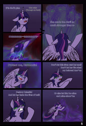 Size: 3761x5516 | Tagged: safe, artist:duop-qoub, imported from derpibooru, applejack, fluttershy, pinkie pie, rainbow dash, rarity, twilight sparkle, alicorn, comic:twilight's descent, descended twilight, angry, comic, crying, dark magic, floppy ears, hellfire, hunchback of notre dame, implied princess celestia, looking down, looking up, magic, teary eyes, the hunchback of notre dame, twilight sparkle (alicorn)