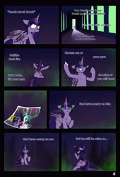 Size: 3761x5516 | Tagged: safe, artist:duop-qoub, imported from derpibooru, princess celestia, twilight sparkle, oc, oc:anon, alicorn, human, comic:twilight's descent, descended twilight, :3, angry, armpits, comic, crying, dark magic, eyes closed, female, floppy ears, hellfire, hug, hunchback of notre dame, magic, male, smiling, the hunchback of notre dame, twilight sparkle (alicorn)