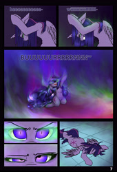 Size: 3761x5516 | Tagged: safe, artist:duop-qoub, imported from derpibooru, twilight sparkle, alicorn, comic:twilight's descent, descended twilight, angry, comic, crying, dark magic, faceplant, female, floppy ears, hellfire, hunchback of notre dame, looking up, magic, messy mane, solo, the hunchback of notre dame, twilight sparkle (alicorn)