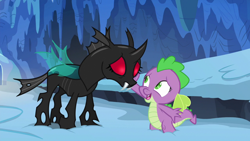 Size: 1280x720 | Tagged: safe, artist:rememberstar, edit, edited screencap, imported from derpibooru, screencap, spike, thorax, changeling, dragon, the times they are a changeling, barb, dragoness, duo, female, mesosoma, red eyes, rule 63