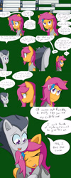 Size: 1600x4000 | Tagged: safe, artist:jake heritagu, imported from derpibooru, rumble, scootaloo, pony, comic:ask motherly scootaloo, ask, blushing, comic, female, hairpin, hug, male, motherly scootaloo, rumbloo, shipping, straight, sweatshirt