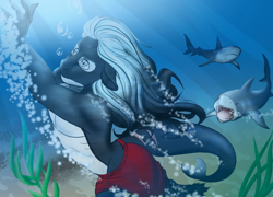 Size: 1024x737 | Tagged: safe, artist:blackblood-queen, imported from derpibooru, oc, oc only, oc:mako, anthro, orca pony, original species, shark, anthro oc, bubble, clothes, floppy ears, partial nudity, scar, sharp teeth, story in the source, story included, sunlight, swimming, swimming trunks, teeth, topless, underwater