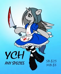 Size: 822x1000 | Tagged: safe, artist:drawsyraccoon, imported from derpibooru, advertisement, alice madness returns, bipedal, blood, clothes, commission, dress, knife, your character here