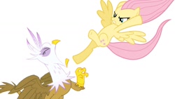 Size: 1280x720 | Tagged: safe, artist:samueljcollins1990, imported from derpibooru, fluttershy, gilda, griffon, pegasus, pony, griffon the brush off, abuse, gildabuse, karma, kicking, out of character, payback, revenge, simple background, white background