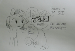 Size: 1868x1276 | Tagged: safe, artist:tjpones, imported from derpibooru, sci-twi, sunset shimmer, twilight sparkle, pony, unicorn, series:sciset diary, equestria girls, chest fluff, crying, dialogue, duo, ear fluff, equestria girls ponified, female, glasses, grayscale, lesbian, monochrome, mood swing, ponified, preglight sparkle, pregnant, scitwishimmer, shipping, sitting, sunsetsparkle, traditional art, twilighting, unicorn sci-twi