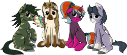 Size: 3263x1427 | Tagged: safe, artist:violentdreamsofmine, imported from derpibooru, oc, oc only, oc:dante, oc:delia, oc:kerberos, oc:tinebra, alicorn, pegasus, pony, unicorn, simple background, sitting, transparent background