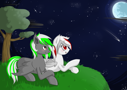 Size: 3080x2200 | Tagged: safe, artist:violentdreamsofmine, imported from derpibooru, oc, oc only, oc:blazing flash, oc:dashi beats, pony, female, high res, male, mare, moon, night, prone, shooting star, stallion, tree