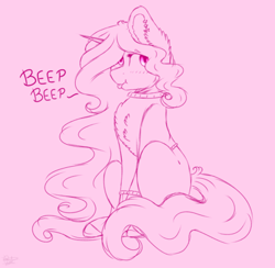 Size: 400x391 | Tagged: safe, artist:doux-ameri, imported from derpibooru, oc, oc only, oc:button love, pony, unicorn, beep beep, female, mare, monochrome, sitting, solo, tongue out