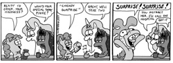 Size: 1045x381 | Tagged: safe, artist:lost marbles, derpibooru exclusive, imported from derpibooru, pinkie pie, princess celestia, princess luna, animal costume, chicken pie, chicken suit, clever hans, clothes, comic, comic strip, costume, dialogue, garfield, horses doing horse things, traditional art
