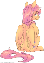 Size: 640x927 | Tagged: safe, artist:onylex, imported from derpibooru, fluttershy, pegasus, pony, blushing, female, looking back, mare, rear view, simple background, sitting, smiling, solo, transparent background