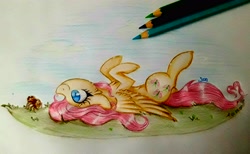 Size: 3778x2322 | Tagged: safe, artist:woonborg, imported from derpibooru, fluttershy, pegasus, pony, spider, cheek fluff, chest fluff, colored pencil drawing, cute, female, mare, on back, shyabetes, signature, smiling, traditional art