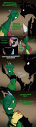 Size: 1500x5250 | Tagged: safe, artist:conmanwolf, imported from derpibooru, scootaloo, oc, oc:chairman, oc:green, oc:little monster, draconequus, pegasus, pony, ask factory scootaloo, fanfic:rainbow factory, clothes, comic, factory scootaloo, flashback, static