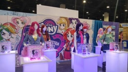 Size: 1200x675 | Tagged: safe, artist:ritalux, imported from derpibooru, applejack, fluttershy, pinkie pie, rainbow dash, rarity, sci-twi, sunset shimmer, twilight sparkle, equestria girls, equestria girls series, clothes, equestria girls logo, hascon, irl, mane six, mannequin, photo, silhouette