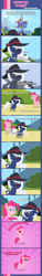 Size: 1205x7932 | Tagged: safe, artist:estories, imported from derpibooru, pinkie pie, oc, oc:holly, pony, comic, fedora, female, fourth wall, hat, mare, pointy ponies, smiling, sunglasses, twilight's castle, umbra pony