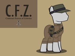 Size: 1600x1200 | Tagged: safe, artist:reisen514, imported from derpibooru, pony, africa, brown background, clothes, metal gear solid, metal gear solid 5, military, military uniform, ponified, simple background, zebrica