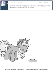 Size: 600x800 | Tagged: safe, artist:dekomaru, imported from derpibooru, applejack, pony, tumblr:ask twixie, applestuck, ask, female, grayscale, monochrome, sad, solo, tumblr