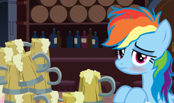 Size: 2860x1698 | Tagged: safe, artist:slb94, imported from derpibooru, rainbow dash, pegasus, pony, alcohol, alcoholism, alternate hairstyle, bar, blushing, cider, dashaholic, drunk, drunker dash, female, lidded eyes, looking at you, mare, messy mane, sad, show accurate, tired