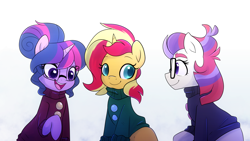 Size: 1280x720 | Tagged: safe, artist:little-tweenframes, deleted from derpibooru, imported from derpibooru, moondancer, sci-twi, sunset shimmer, twilight sparkle, pony, series:sciset diary, clothes, cute, female, glasses, lesbian, mare, ponified, scitwishimmer, shipping, simple background, smiling, sunsetsparkle, sweater, trio