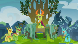 Size: 1920x1080 | Tagged: safe, imported from derpibooru, screencap, arista, clypeus, cornicle, thorax, changedling, changeling, to change a changeling, background changeling, changeling hive, court, king thorax, sitting, throne, tree, vine