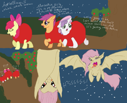 Size: 900x730 | Tagged: safe, artist:cvqt314, imported from derpibooru, apple bloom, fluttershy, scootaloo, sweetie belle, bat pony, pony, apple, apple costume, clothes, costume, cutie mark crusaders, dialogue, flutterbat, food, food costume, imminent vore, open mouth, person as food, pony as food, race swap, tongue out, vorepire