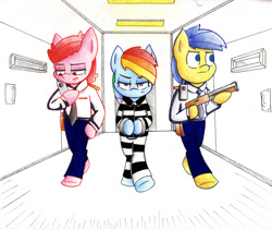 Size: 2427x2048 | Tagged: safe, artist:mustachedbain, imported from derpibooru, rainbow dash, pegasus, pony, semi-anthro, bipedal, clothes, cuffs, gun, jail, police, prison, prison outfit, prison stripes, prisoner, prisoner rd, shackles, walking, weapon