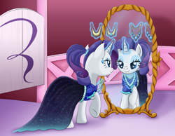 Size: 2639x2043 | Tagged: safe, artist:lifesharbinger, imported from derpibooru, rarity, unicorn, alternate hairstyle, clothes, dress, female, jewelry, mare, mirror, necklace, ponytail, solo