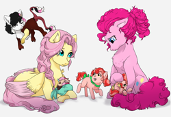 Size: 932x639 | Tagged: safe, artist:gamblingfoxinahat, imported from derpibooru, fluttershy, pinkie pie, oc, oc:levity, oc:mirage, oc:topsy, oc:turvy, hybrid, pony, interspecies offspring, multicolored hair, offspring, older, parent:cheese sandwich, parent:discord, parent:fluttershy, parent:pinkie pie, parents:cheesepie, parents:discoshy, prone, story included