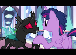 Size: 620x453 | Tagged: safe, artist:rememberstar, edit, edited screencap, imported from derpibooru, screencap, thorax, twilight sparkle, alicorn, changeling, the times they are a changeling, deviantart muro, duo, dusk shine, female, genderbent reenactment, male, mesosoma, prince dusk, red eyes, rule 63, stallion, twilight sparkle (alicorn)