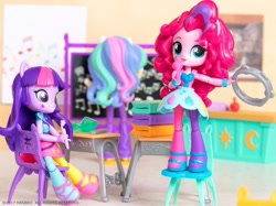 Size: 1080x808 | Tagged: safe, imported from derpibooru, pinkie pie, princess celestia, twilight sparkle, equestria girls, doll, equestria girls minis, irl, photo, principal celestia, rainbow rocks outfit, toy