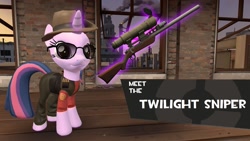 Size: 1360x768 | Tagged: safe, artist:daemonbombinc, artist:thecrucifieddevil, imported from derpibooru, twilight sparkle, aviator sunglasses, clothes, crossover, gun, hat, rifle, sniper, sniper rifle, sunglasses, team fortress 2, twilight sniper, vest, weapon