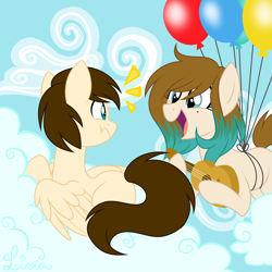 Size: 2000x2000 | Tagged: safe, artist:azure-art-wave, imported from derpibooru, oc, oc only, oc:allie, oc:liv, earth pony, pegasus, pony, acoustic guitar, balloon, cloud, female, gift art, guitar, looking at each other, mare, musical instrument, open mouth, prone, sky, smiling, surprised