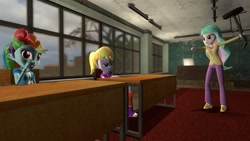 Size: 1920x1080 | Tagged: safe, artist:fivefreddy, imported from derpibooru, cloudy kicks, princess celestia, rainbow dash, equestria girls, 3d, angry, classroom, derp, gmod, principal celestia