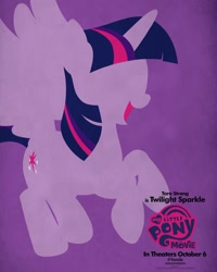 Size: 1500x1875 | Tagged: safe, imported from derpibooru, twilight sparkle, alicorn, pony, my little pony: the movie, female, hooves, horn, lineless, mare, minimalist, modern art, movie poster, my little pony logo, official, open mouth, poster, purple background, simple background, solo, spread wings, tara strong, twilight sparkle (alicorn), wings