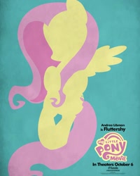 Size: 1500x1875 | Tagged: safe, imported from derpibooru, fluttershy, pegasus, pony, my little pony: the movie, andrea libman, blue background, female, hooves, lineless, mare, minimalist, modern art, movie poster, my little pony logo, official, poster, simple background, solo, spread wings, wings