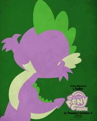 Size: 1500x1875 | Tagged: safe, imported from derpibooru, spike, dragon, my little pony: the movie, cathy weseluck, claws, fangs, green background, lineless, male, minimalist, modern art, movie poster, my little pony logo, official, poster, simple background, solo