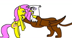 Size: 1214x648 | Tagged: safe, artist:samueljcollins1990, imported from derpibooru, fluttershy, gilda, griffon, pegasus, pony, looking at each other, simple background, smiling, white background