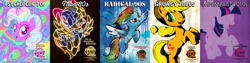 Size: 4095x1024 | Tagged: safe, imported from derpibooru, applejack, rainbow dash, songbird serenade, spike, twilight sparkle, alicorn, dragon, my little pony: the movie, '90s, 2000s, 2010s, 70s, 80s, comparison, decade, headworn microphone, movie poster, poster, twilight sparkle (alicorn)